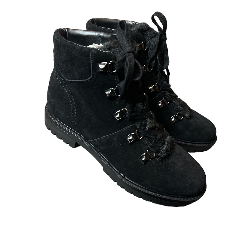 Marc Fisher Black Suede Faux Fur Trim Lace Up Ankle Boots Hobson Size 7 NEW
